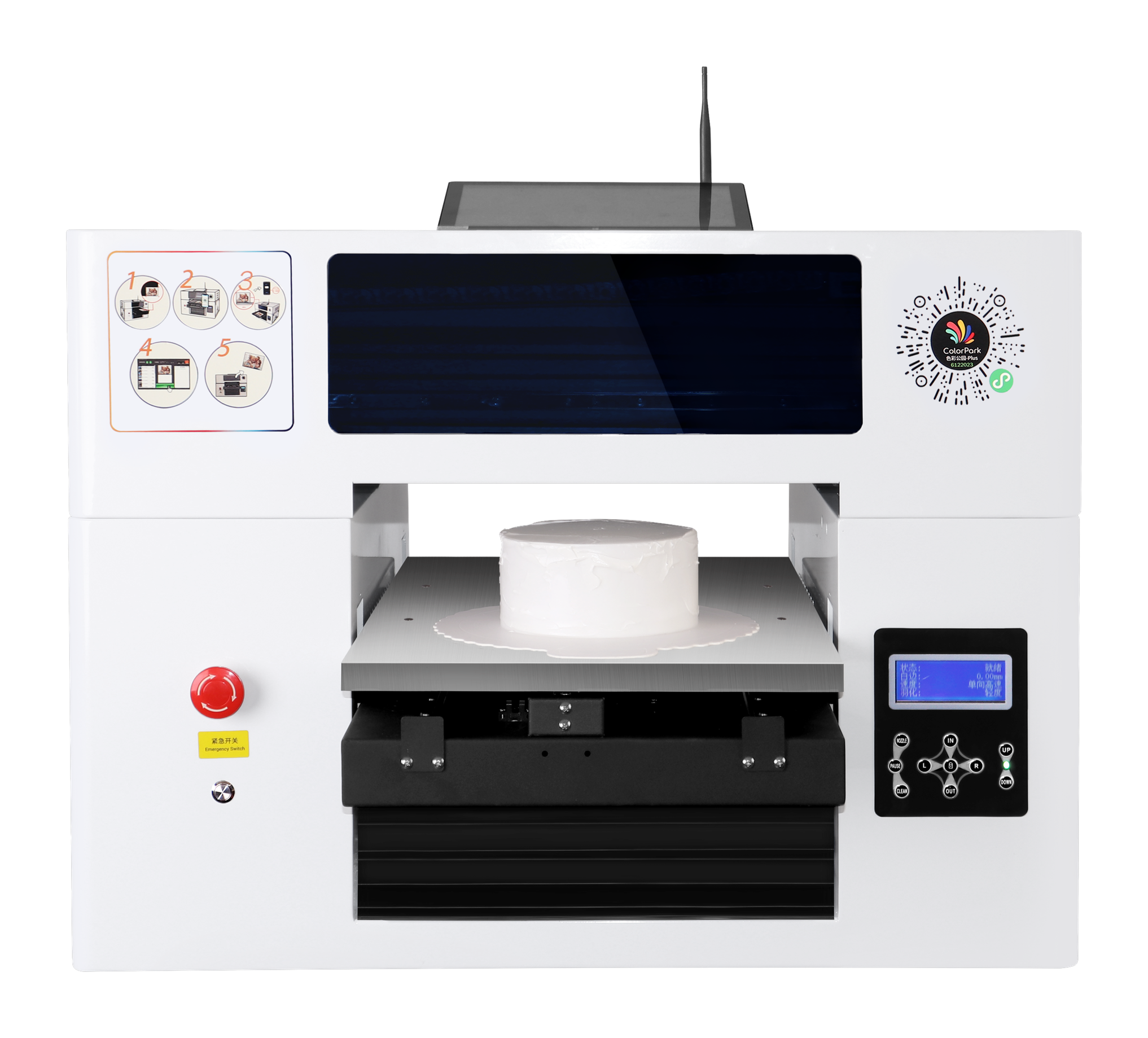 RF-ZZE food printer; blank cake is a loading example