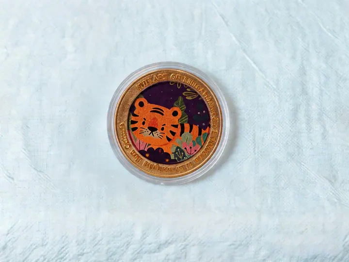 Souvenir coin printed with a colourful tiger